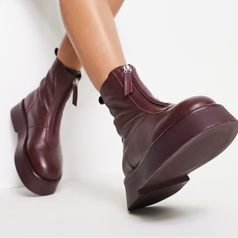 ASOS maroon leather chunky bottom zip front boots